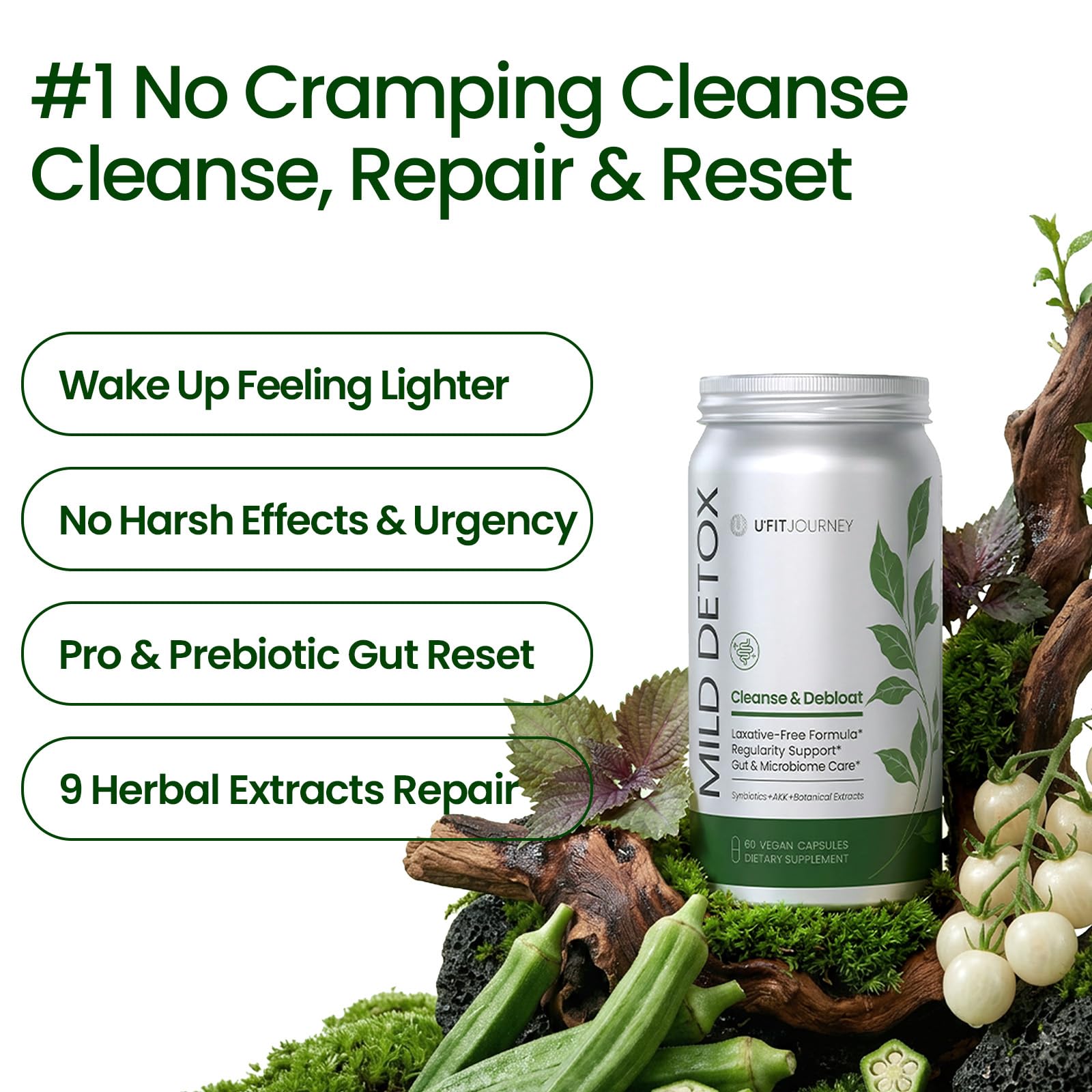 U+FITJOURNEY Mild Detox 12-in-1 Senna-Free Gut & Colon Cleanse - Non-Stimulant Overnight Constipation Relief & Debloat for Women & Men with Prebiotic