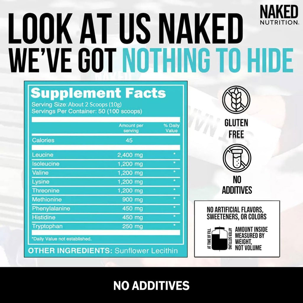 NAKED EAAs Amino Acids Powder - 50 Servings - Vegan Unflavored Essential Amino Acids 500 Grams - Instantized All Natural EAAs Powder Supplement