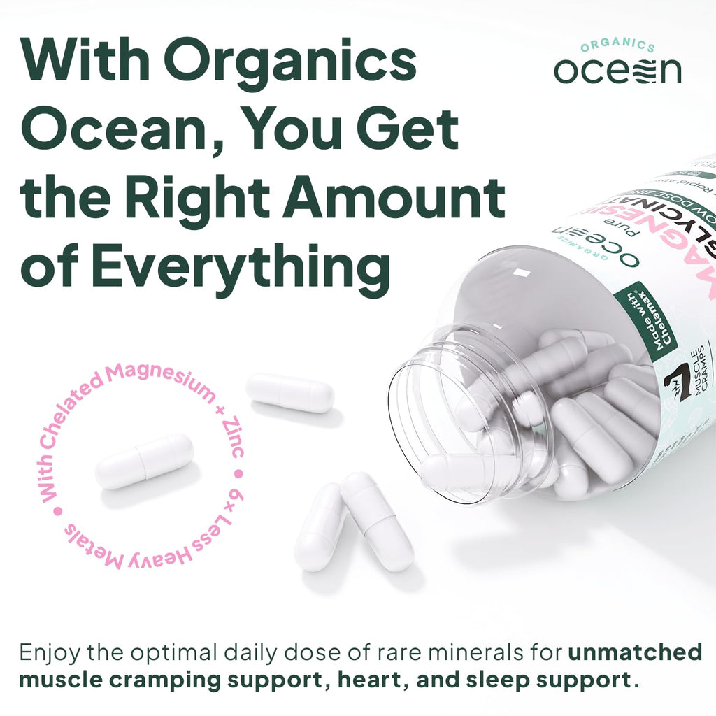 Organics Ocean Pure Magnesium Glycinate with Zinc - Maximum Strength Chelated Magnesium Supplement for Women and Men for Muscle Cramps and Sleep Support - 90 Capsule Organics Ocean buy supplements Au