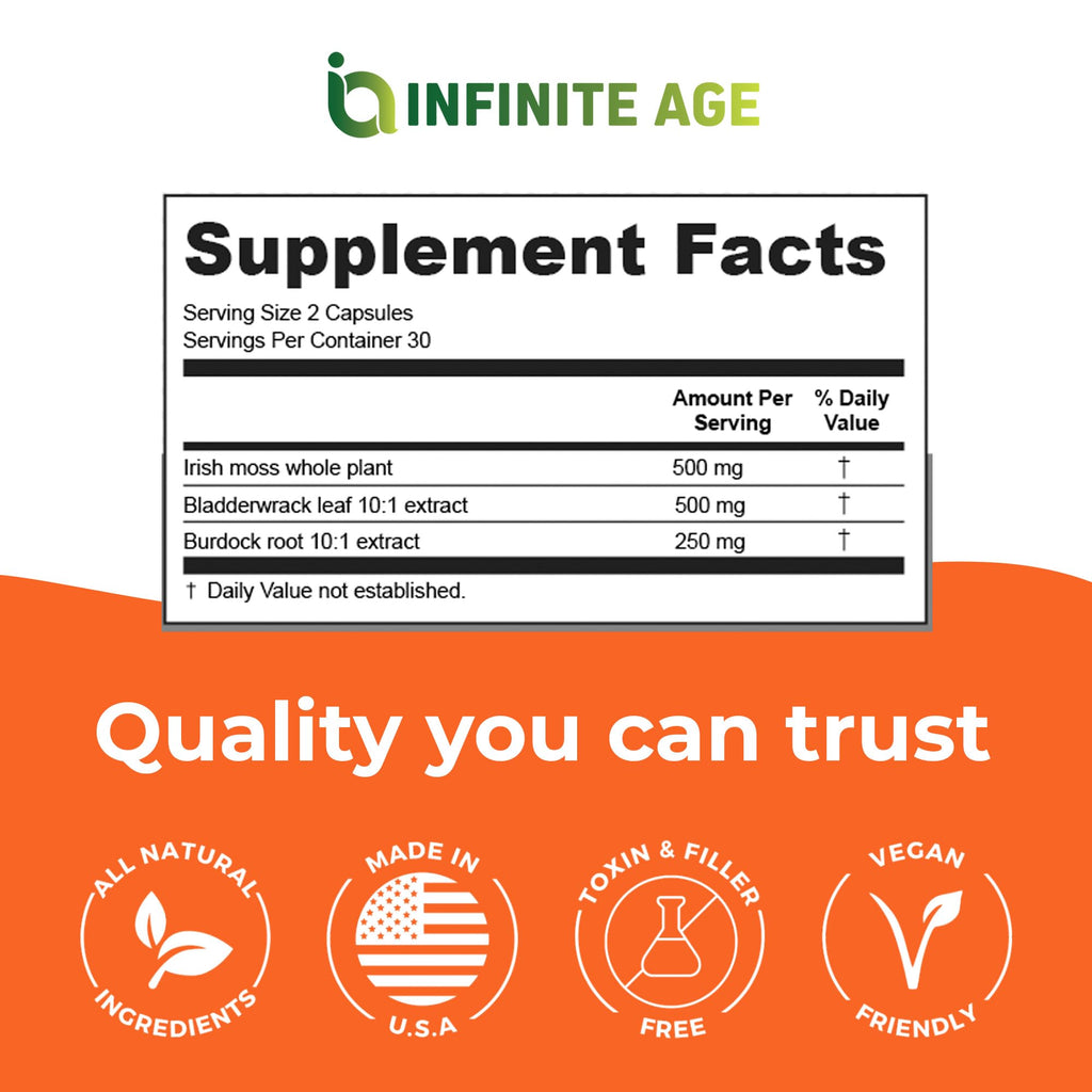 INFINITE AGE 1250mg Sea Moss Advanced Superfood Capsules, 60 Count - High-Potency, Vegan, Made in The USA - Irish Seamoss, Bladderwrack, Burdock Root - Overall Health, Immunity Support INFINITE AGEBuy Supplements Australia
