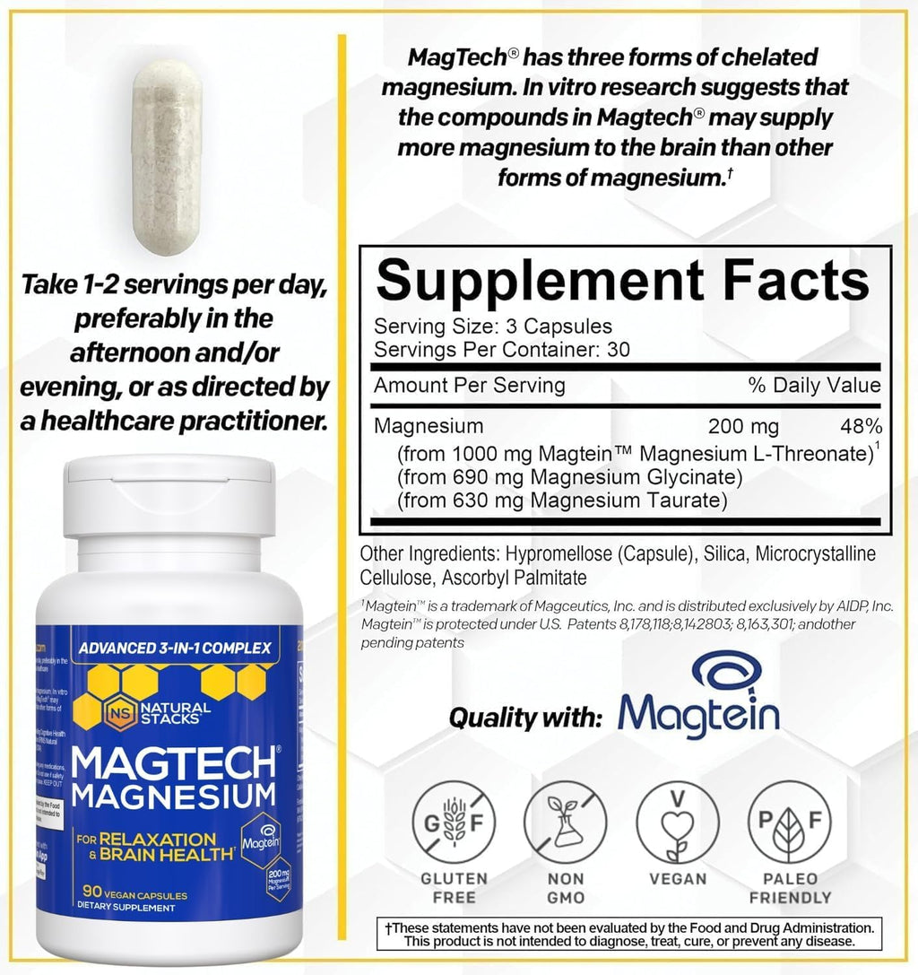 MagTech Magnesium Complex for Women & Men - 3 Forms of Magnesium: Glycinate, Magtein L-Threonate & Taurate - 200mg Chelated Complex - Support for Relaxation & Brain Health - 90 Glycinate Capsules NATURAL STACKS buy supplements Au