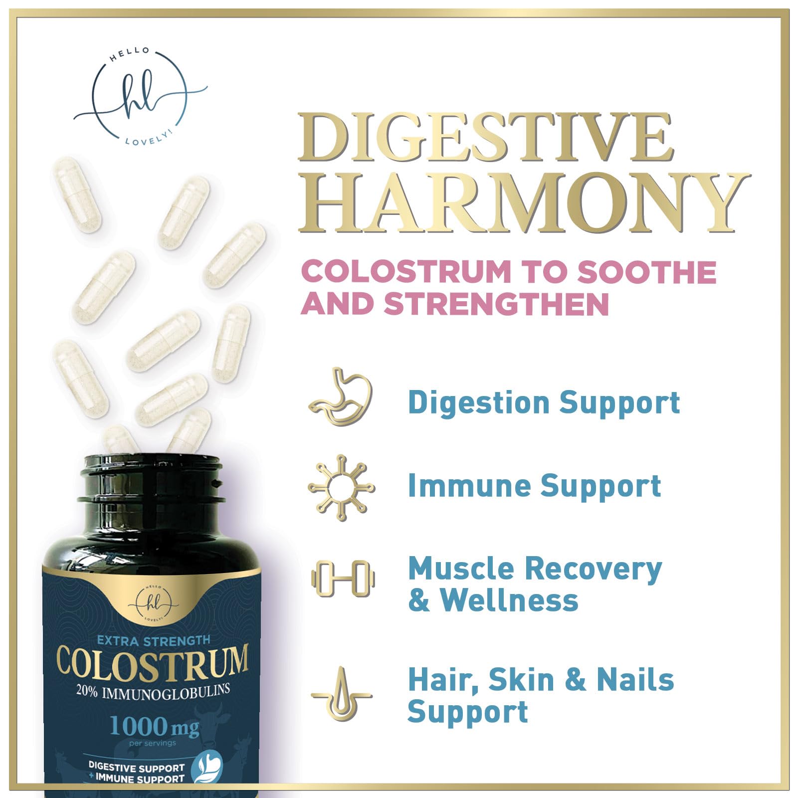 Bovine Colostrum Powder 1000mg Per Serving - with Immunoglobulins (IgG) for Immune Support, Energy & Gut Health Supplement, SP Colostrum Powder Pills,