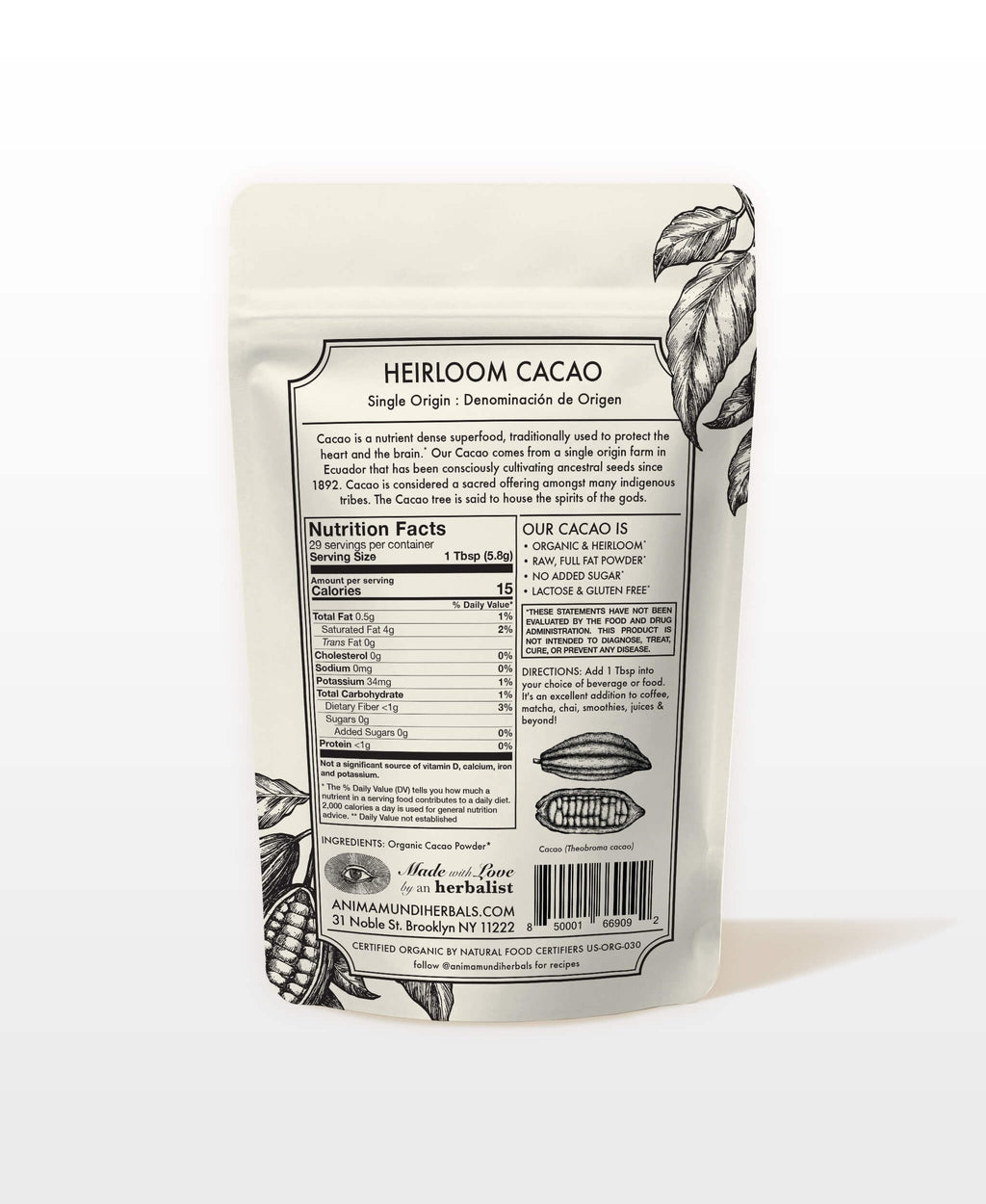 Anima Mundi Heirloom Cacao Powder - Organic Ancestral Seeds - Single Origin Ecuador Cacao Arriba Superfood for Ceremonial Rituals - Antioxidant-Rich
