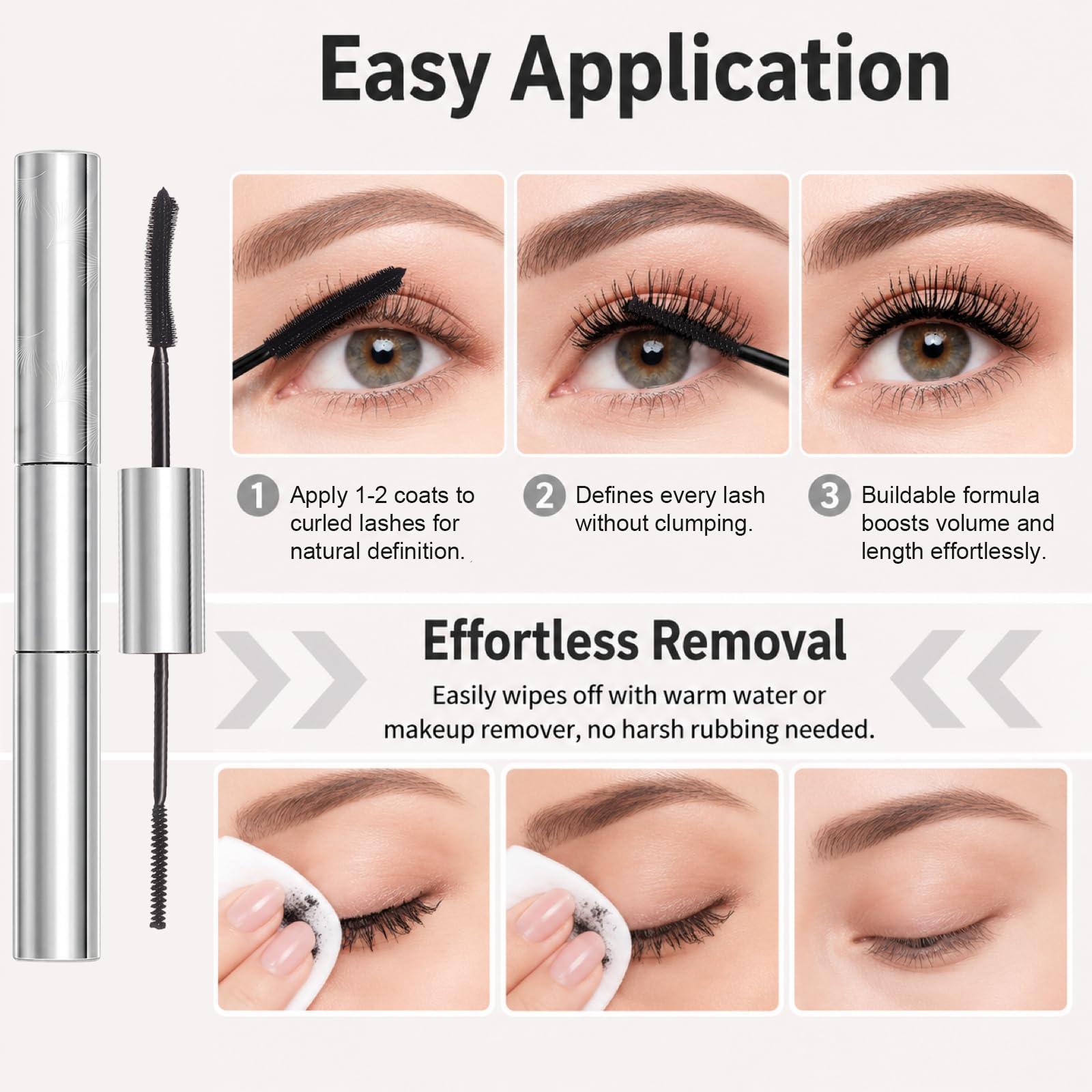 Tubing Mascara for Older Women 60 Plus, Double Ended Black Mascara, Lengthening Volumizing 2-in-1 Mascara for Short Multi-layered Lashes, Smudge Proof Easy Warm Water