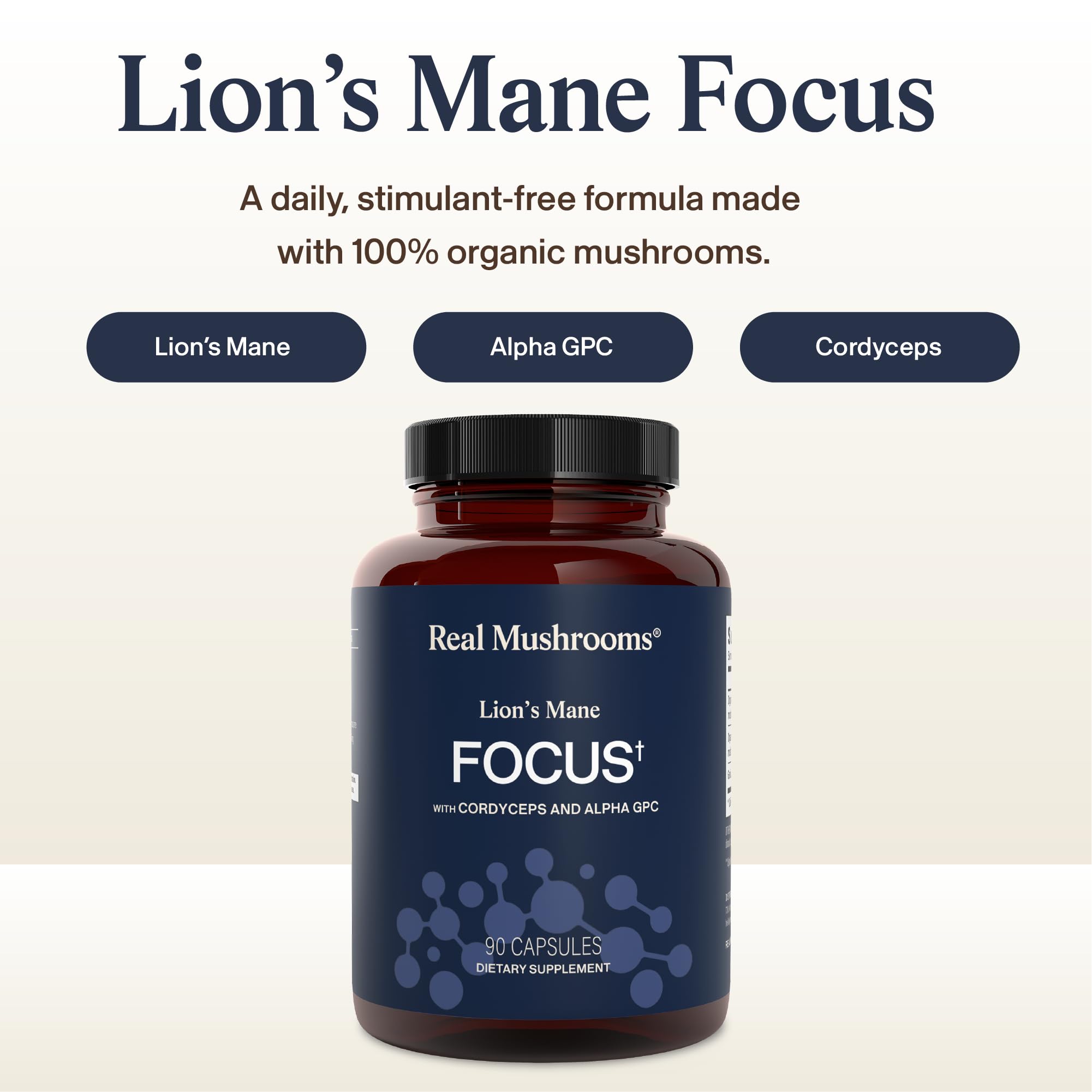 Real Mushrooms Lion’s Mane Focus Capsules (90 Count) – Organic Lions Mane Fruiting Body Extracts with 200mg Alpha GPC Choline
