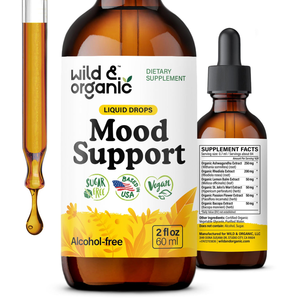 Wild & Organic Mood Support Drops - Good Mood Supplements w/Ashwagandha Root & Rhodiola Rosea - Natural Liquid Drops for Positive Energy - Calm and Relax Supplements for Women and Men - 2 oz