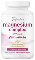Supplement bottle labeled 'magnesium complex' for women with pink and white design.