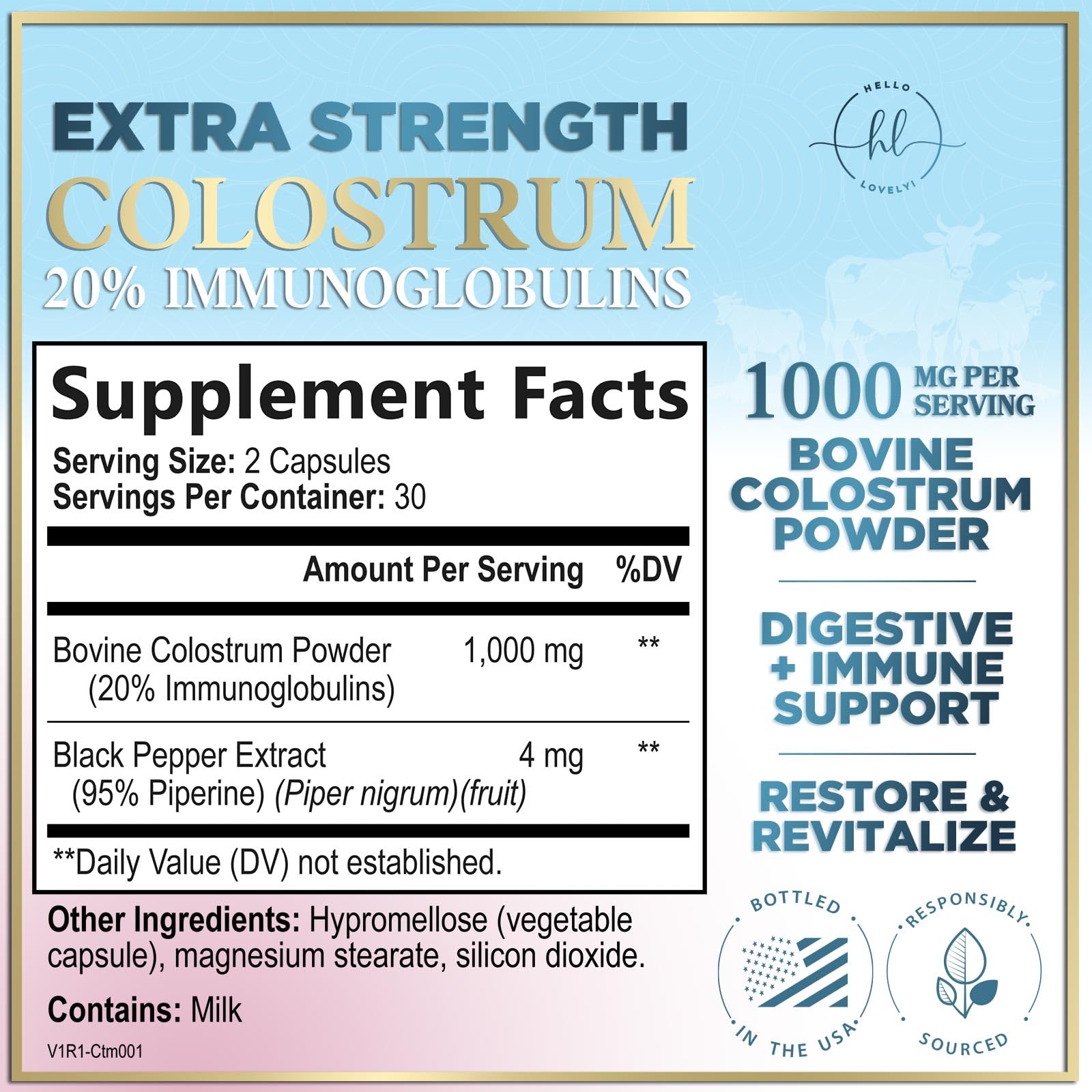 Bovine Colostrum Powder 1000mg Per Serving - with Immunoglobulins (IgG) for Immune Support, Energy & Gut Health Supplement, SP Colostrum Powder Pills,