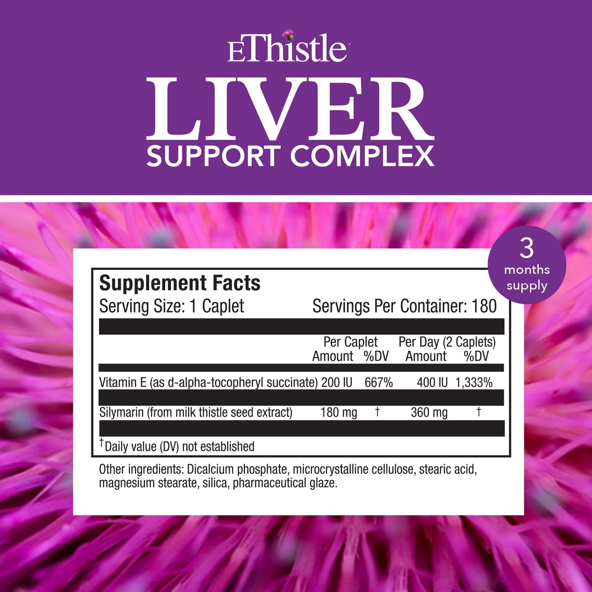 EThistle Liver Wellness Dietary Supplement, Milk Thistle & Vitamin E Liver Health Formula, Caplets 180 Count