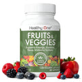 Supplement bottle labeled 'Fruits & Veggies' by Healthy One with fruits and vegetables on a white background
