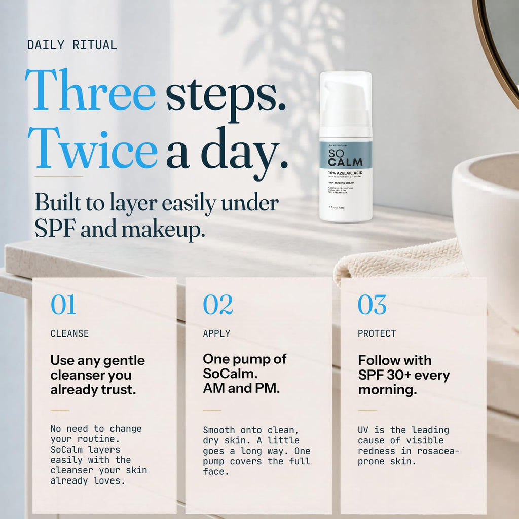 SoCalm Azelaic Acid 10% for Rosacea-Prone Skin – Calms Face Redness & Evens Tone, with Niacinamide & Ceramide NP, Fragrance-Free, 30ml / 1oz