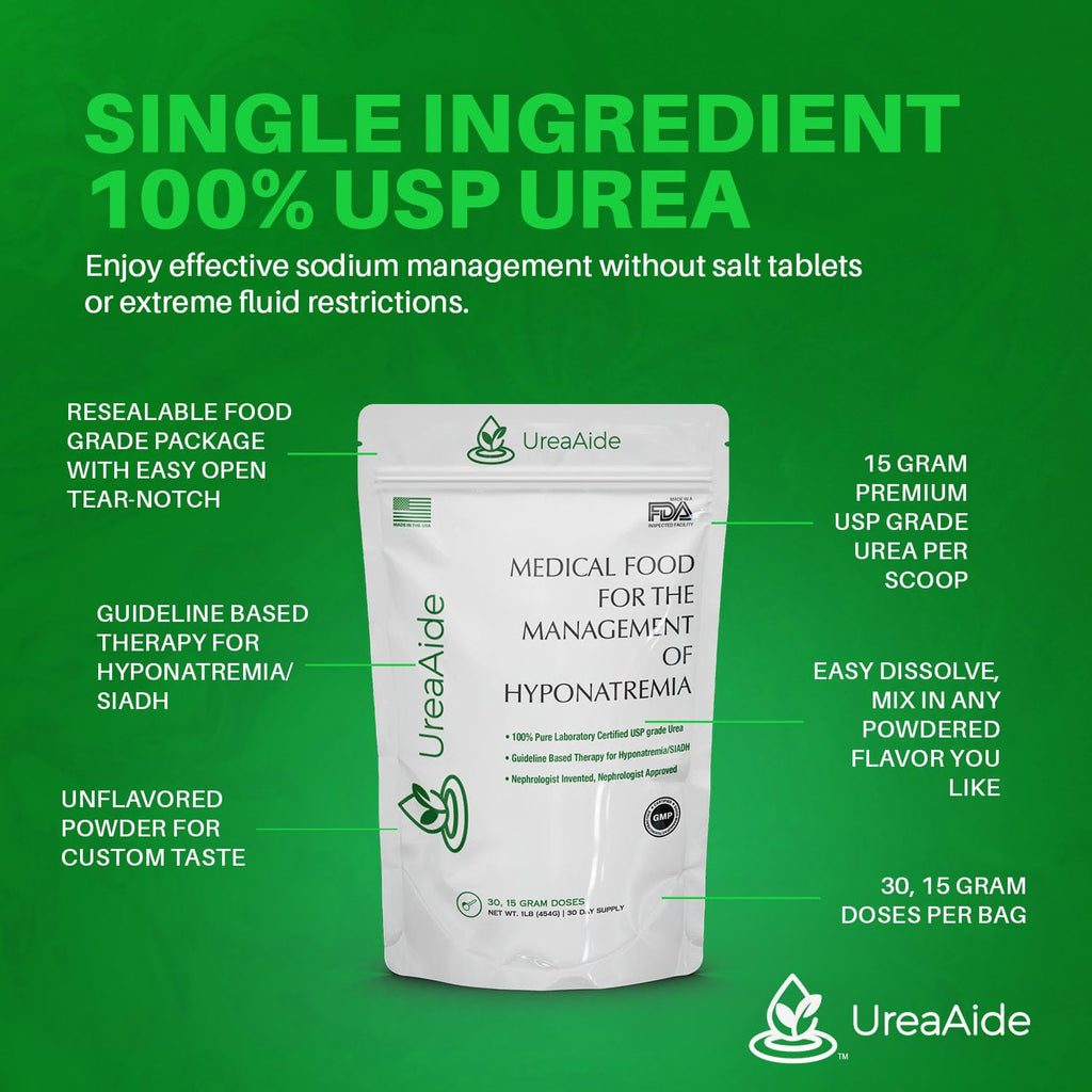 UreaAide Unflavored Urea Powder for Low Sodium 30 Servings Oral Urea Powder for Hyponatremia-Single Ingredient 100% Medical Grade Urea with 15 gram Dose Scoop