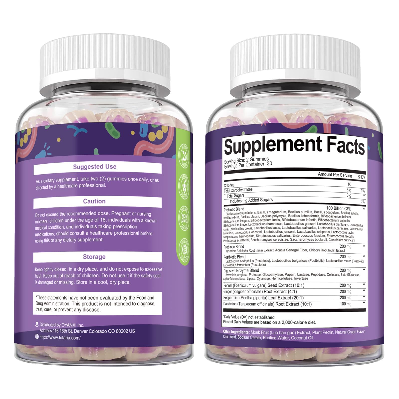 Totaria 2 PCS Sugar Free 5-in-1 Probiotic Prebiotic Postbiotic Gummy, 36 Strains Probiotics for Women Men with Digestive Enzymes, Peppermint, Complete Immune, Gut & Digestive Support, Grape Flavor