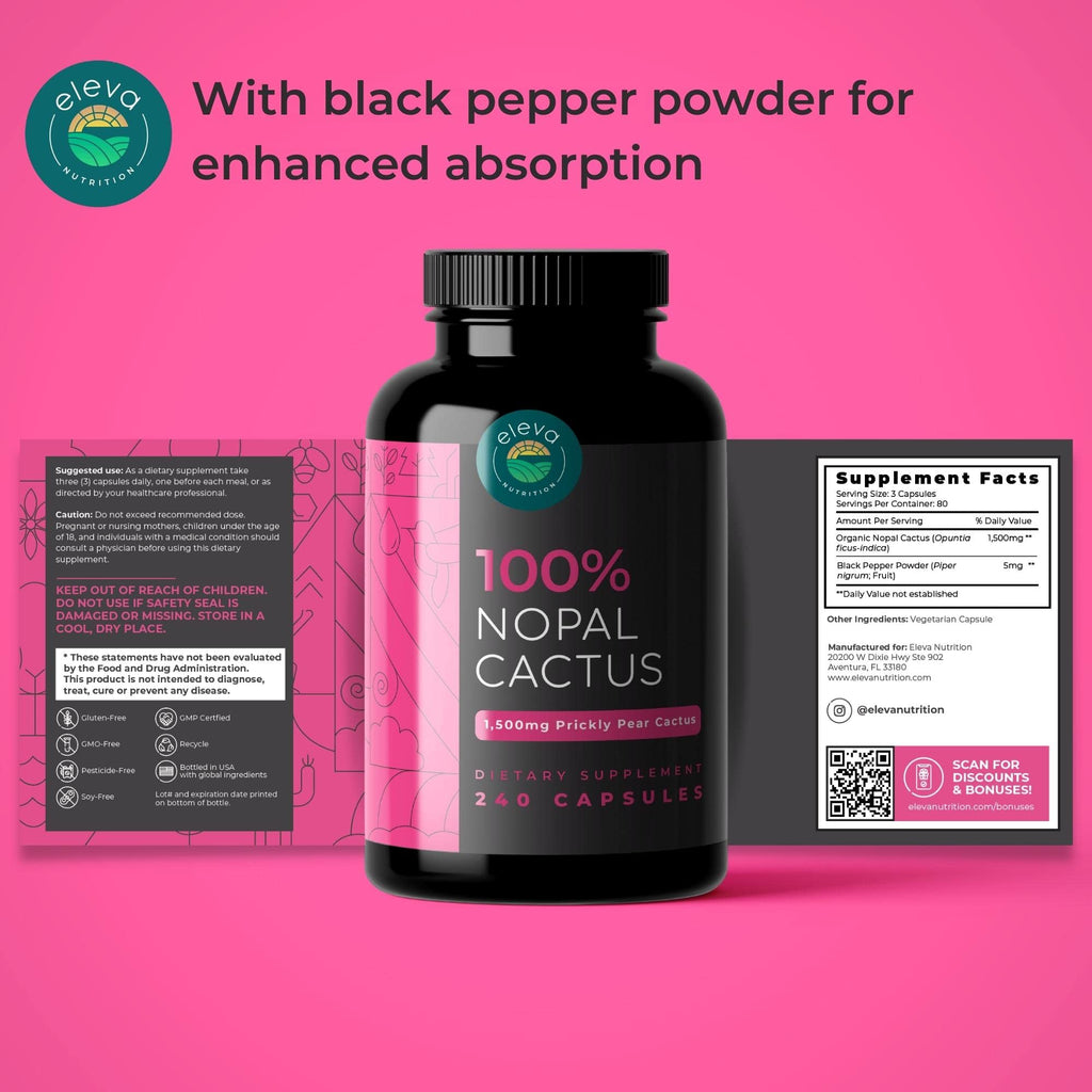 Nopal Cactus Capsules 1500mg- Organic Sun-Dried Prickly Pear Cactus Powder & Black Pepper Extract for Absorption- Natural Prickly Pear Super Supplement