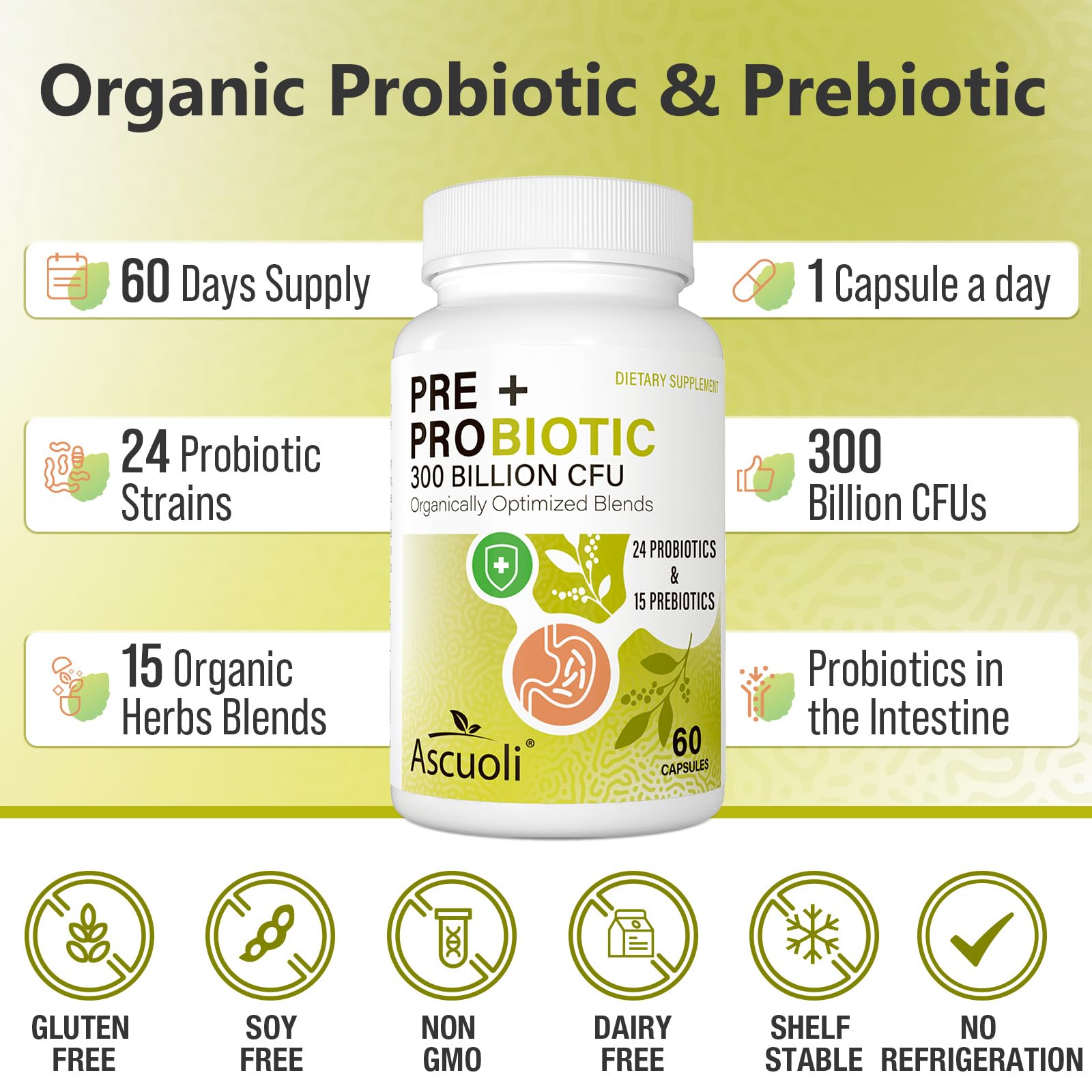 Probiotics for Women & Men - 300 Billion CFU, 24 Strains + 15 Organic Herbs Prebiotics Blend, Daily Probiotic for Digestive Health, Immune, Gut, Bloating - 120 Vegetarian Capsule (120-Days Supply)