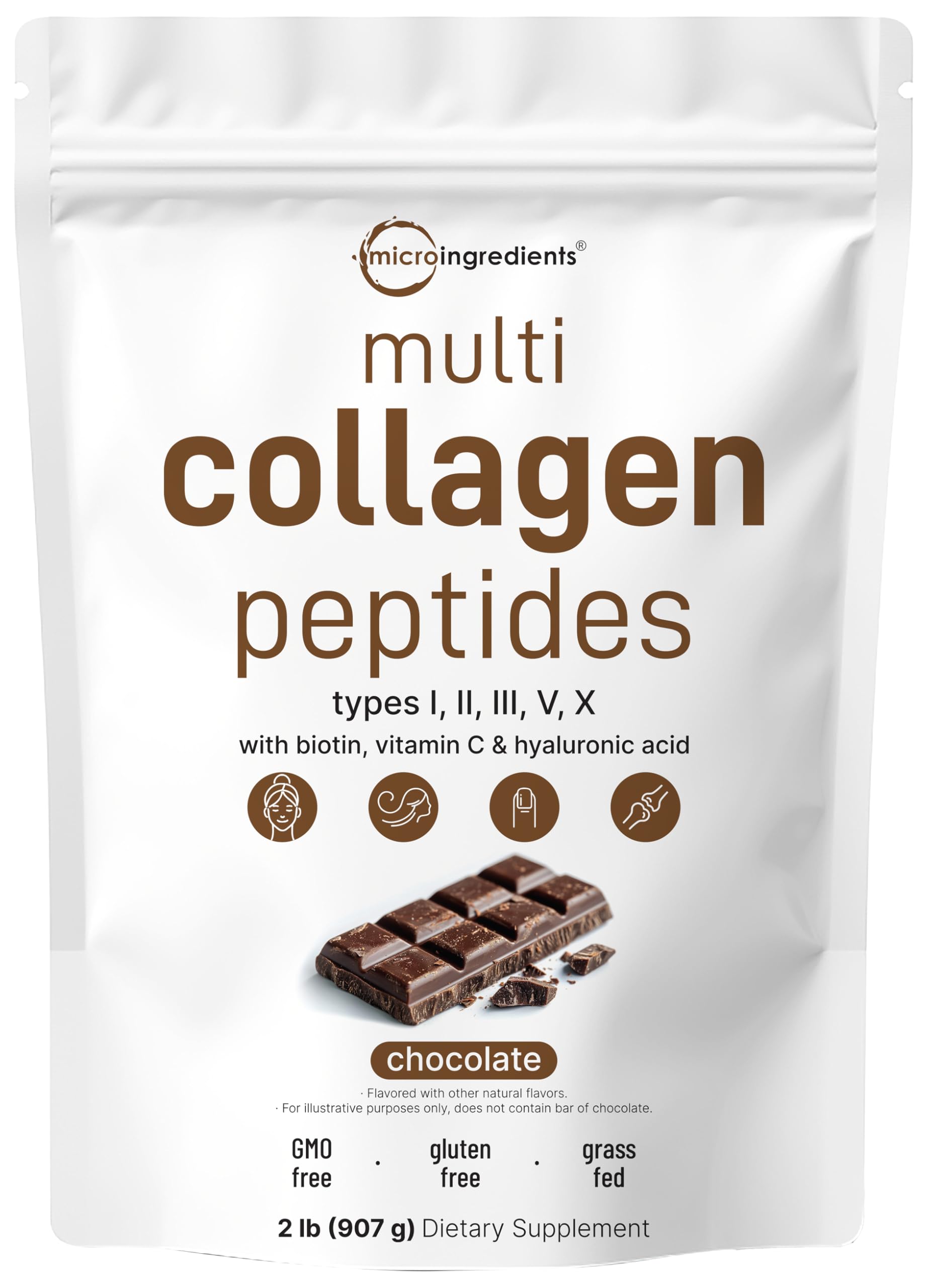 Micro Ingredients Multi Collagen Peptides Powder, 2lb | Type I, II, III, V, X + Biotin, Vitamin C & Hyaluronic Acid | Chocolate Flavor | Supports Hair,