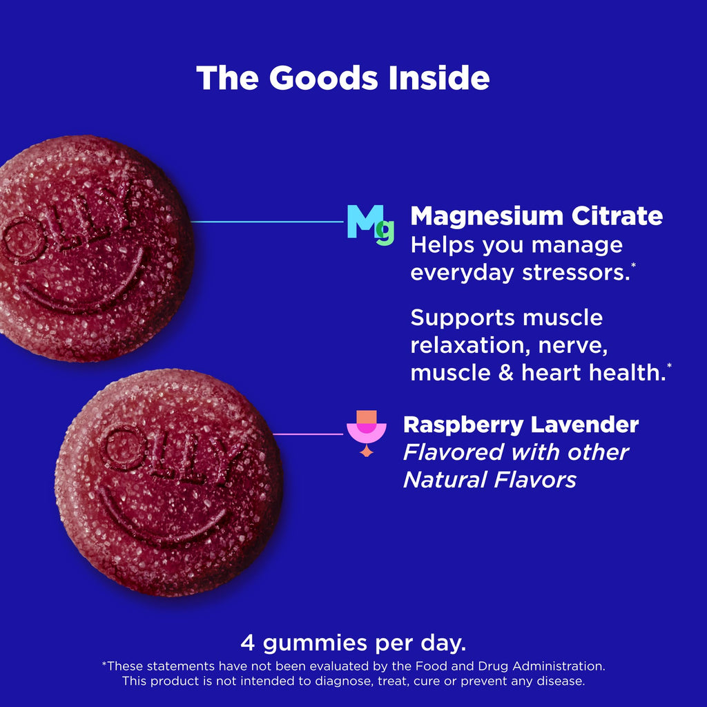 OLLY Relaxing Magnesium Gummies, Supports Muscle Relaxation*, Magnesium Citrate, Raspberry Lavender Flavor, 15 Day Supply - 60 Count