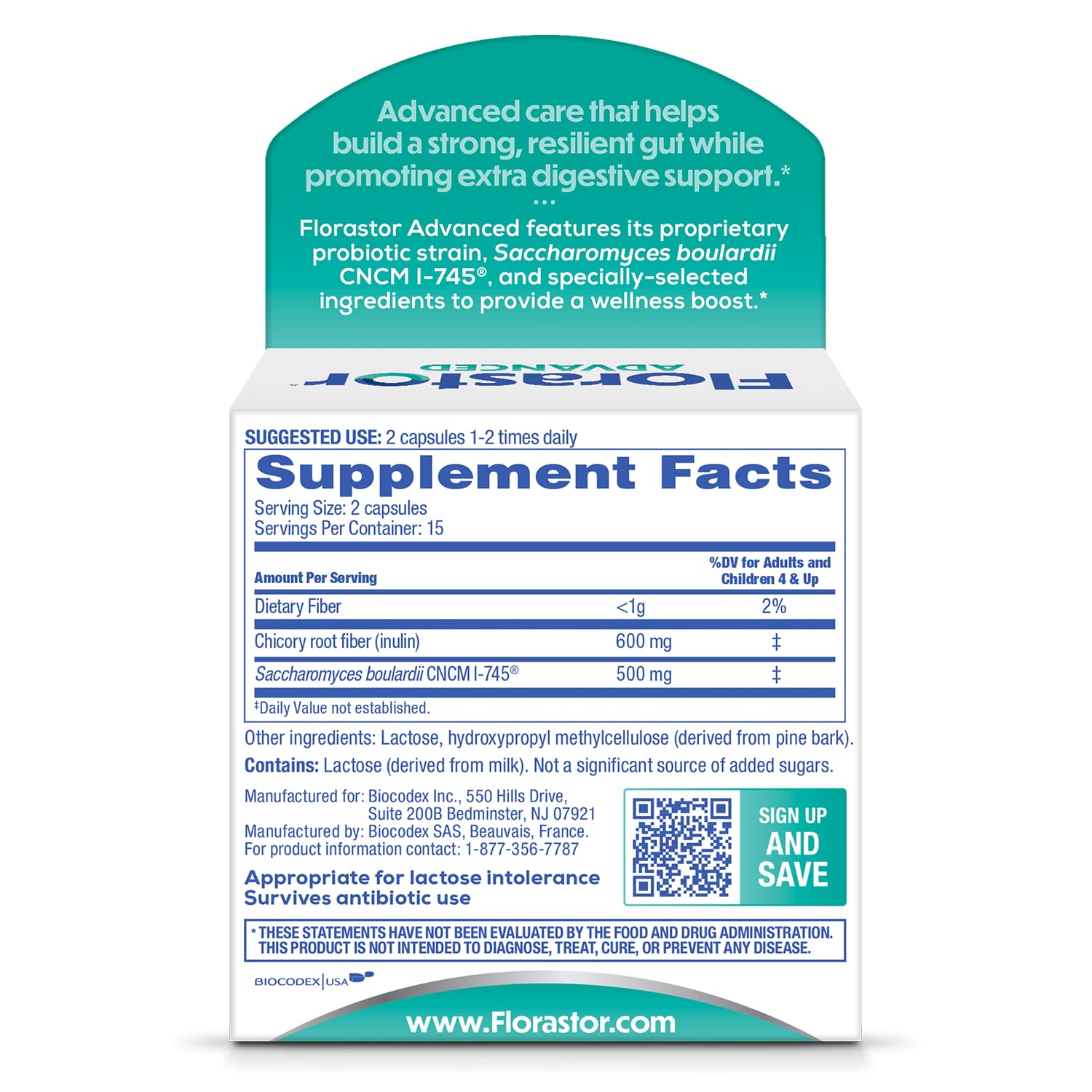 Florastor Advanced Pro+Pre Daily Probiotic and Prebiotic Supplement for Women and Men, Boosts Good Bacteria, Saccharomyces Boulardii