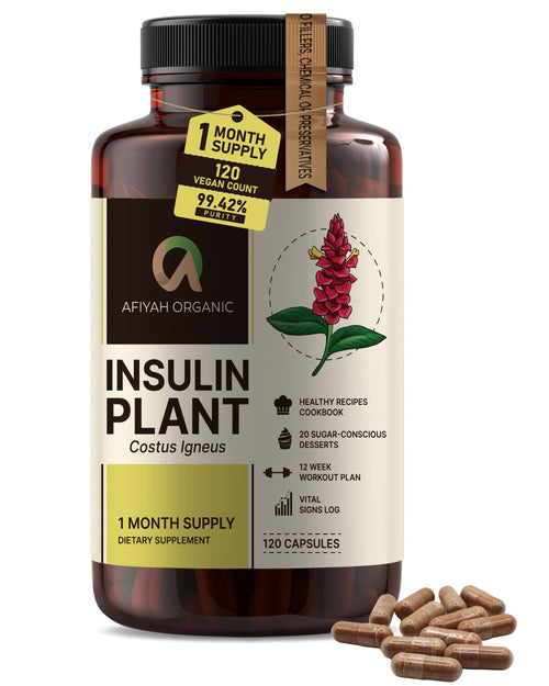 Supplement bottle labeled 'Insulin Plant' by Afiyah Organic on a white background