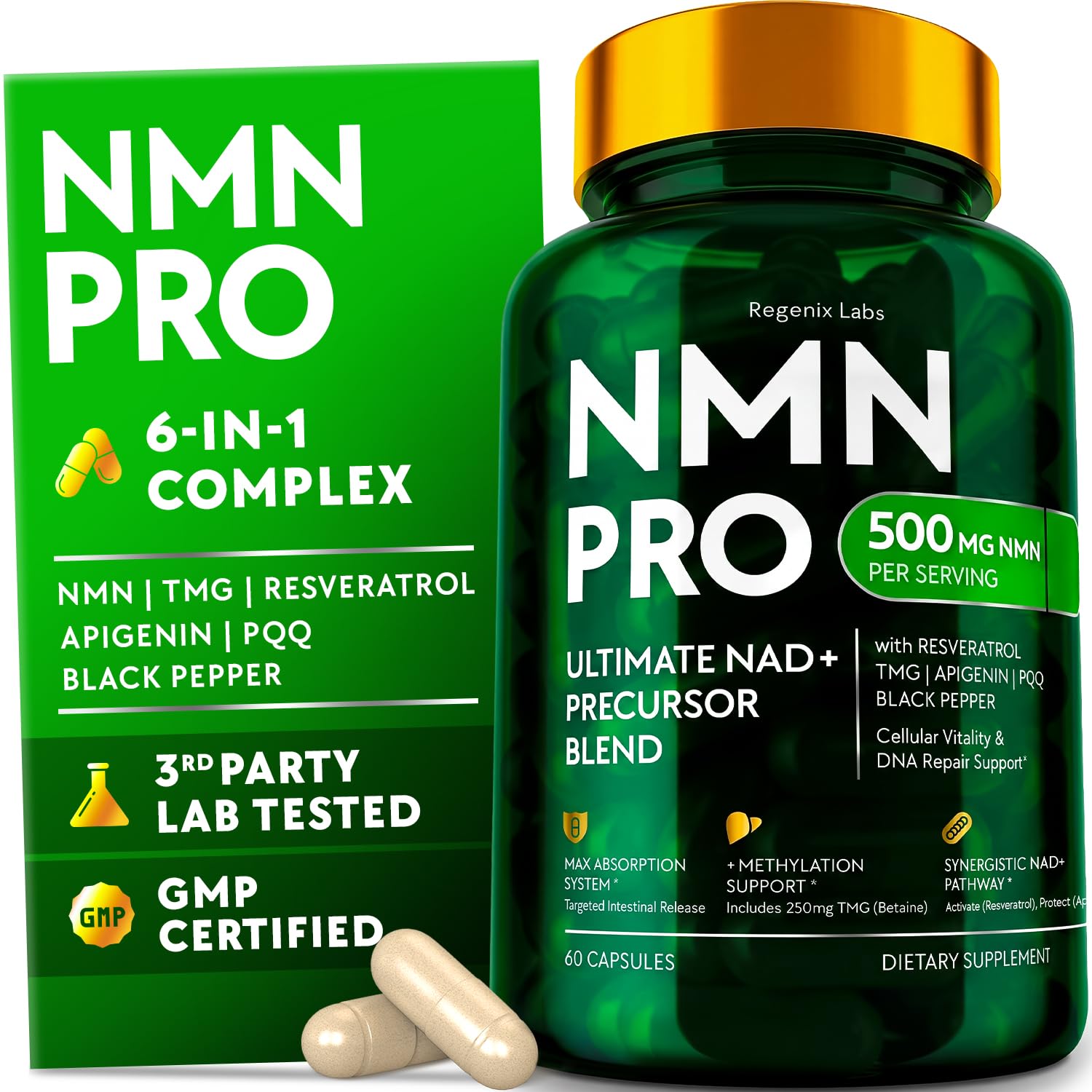 NMN Supplement 500mg - NAD Supplement with Resveratrol, TMG, Apigenin, PQQ, and Black Pepper Extract - 6-in-1 Acid-Resistant Vegan Pills Complex