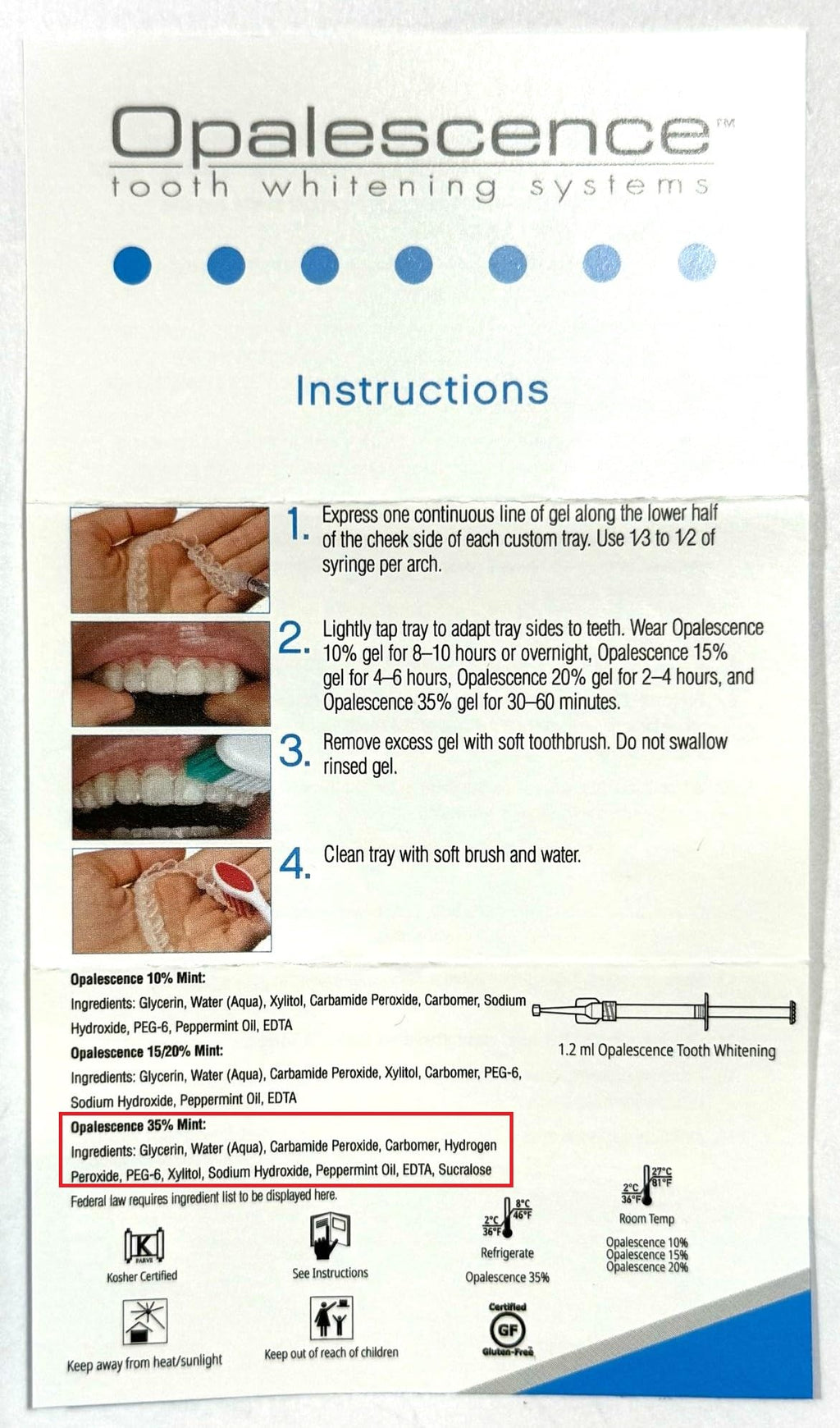 Opalescence 35% CP Mint - Gel Syringes Teeth Whitening - Refill Kit - Carbamide Peroxide Gel. Made by Ultradent