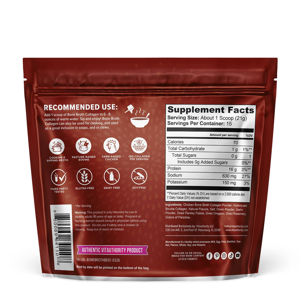 Bone Broth Collagen Powder 16g Collagen Protein per Serving Supports Joints Skin Nails & Gut Health Made from Real Beef Bone Broth Savory Collagen