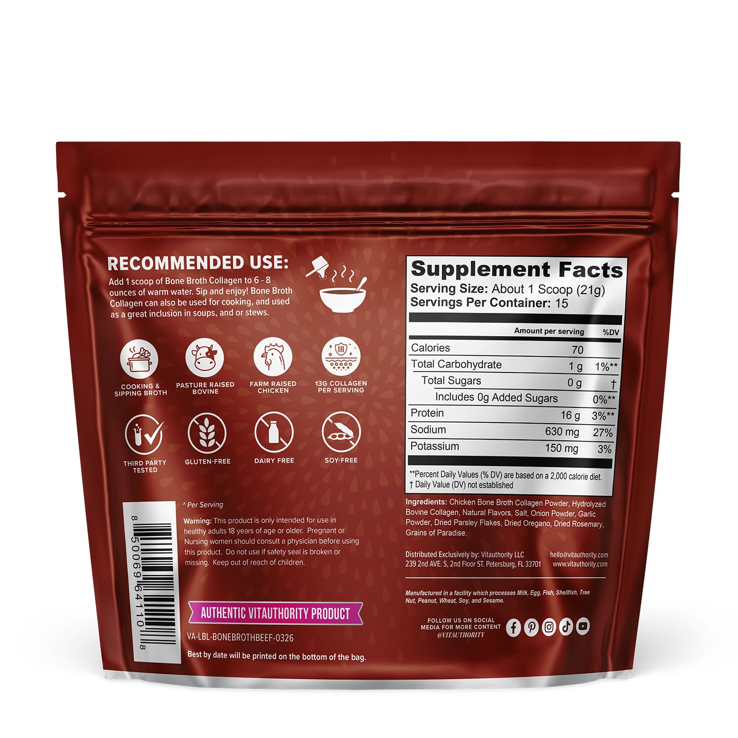 Bone Broth Collagen Powder 16g Collagen Protein per Serving Supports Joints Skin Nails & Gut Health Made from Real Beef Bone Broth Savory Collagen