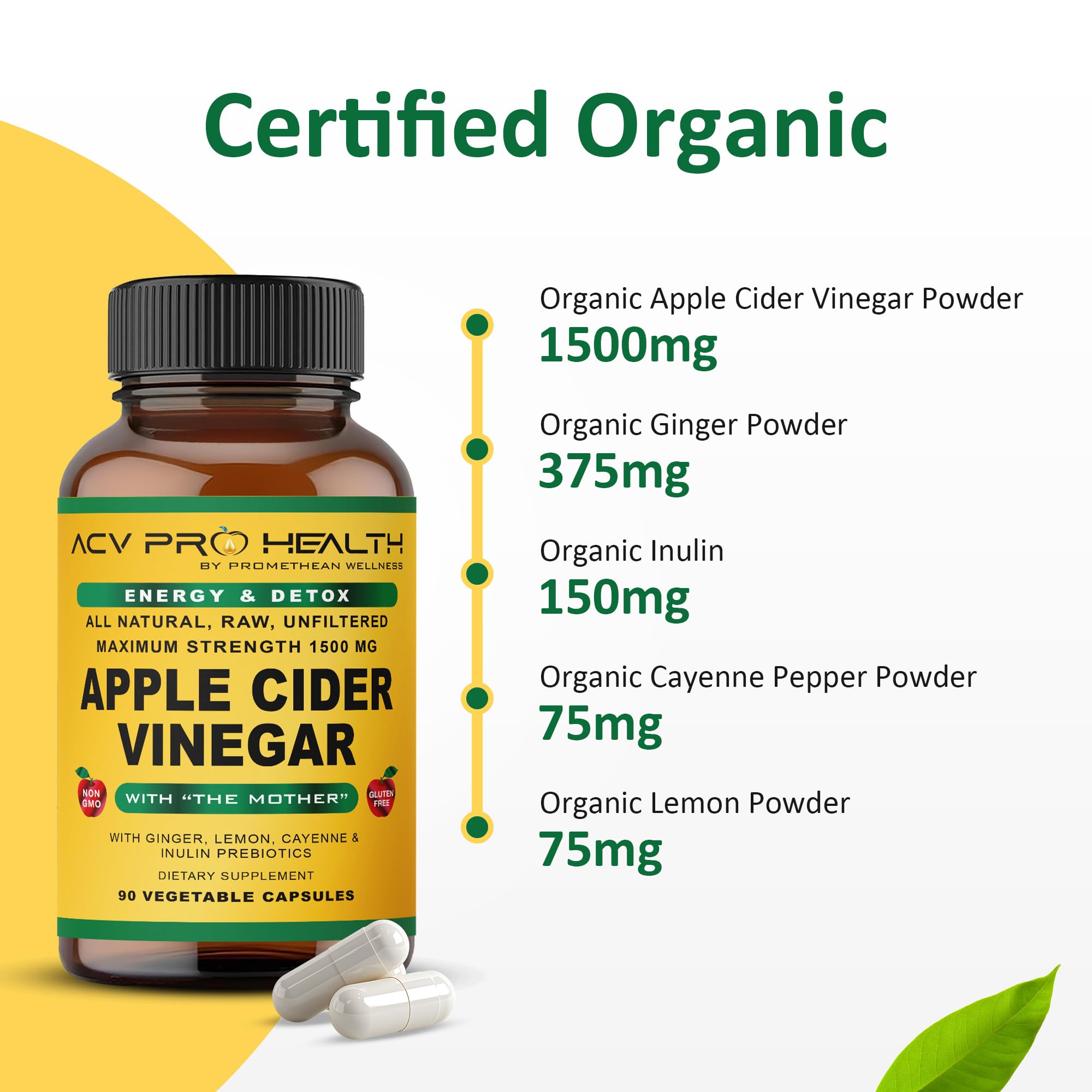 Promethean Wellness ACV Pro Apple Cider Vinegar Capsules Certified Organic with Mother ACV Pills Detox Cleanse Acid Reflux Relief Support Supplement Ginger