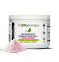 BioOptimizers Magnesium Breakthrough supplement with pink powder on a white background