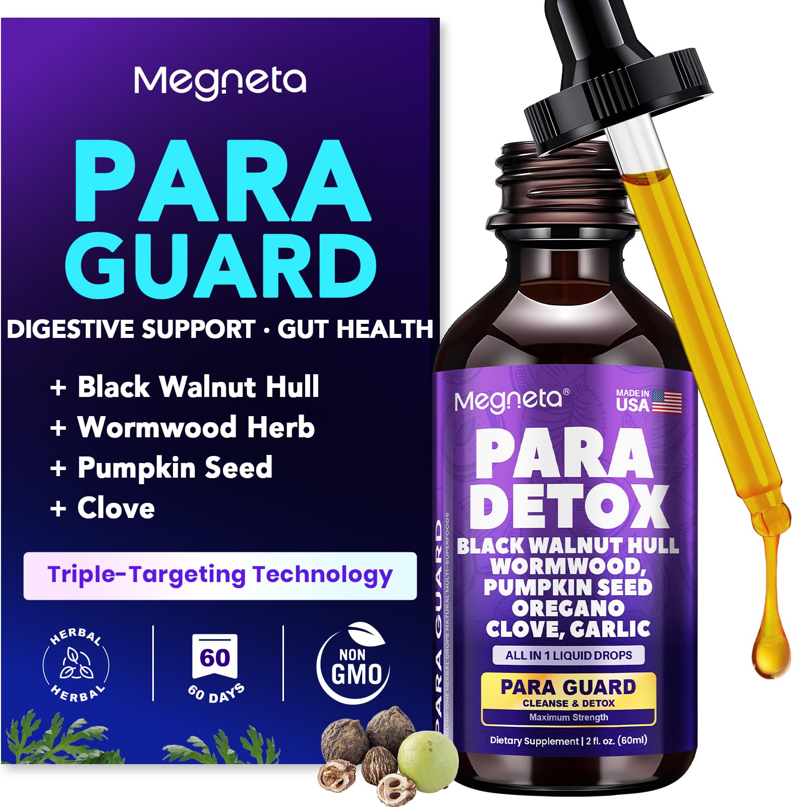 MEGNETA Wormwood Black Walnut Clove Cleanse for Humans- Herbal Gut Cleanse & Digestive Support with Garlic,
