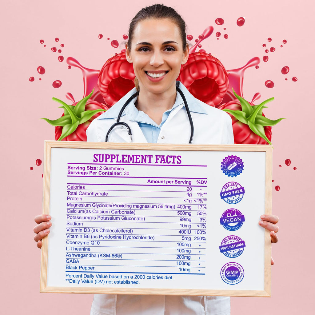 Magnesium Glycinate Gummies 400mg, High Absorption Magnesium Gummies with L-Theanine, Ashwagandha & GABA for Relaxation, Stress Relief & Sleep, Sugar Free, Vegan, 60 Raspberry SimlikeBuy Supplements Australia