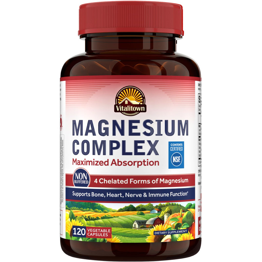 Vitalitown Magnesium Complex Supplement 500mg - NSF Certified Magnesium Glycinate, Malate, Taurate & Citrate - Chelated High Absorption & Gentle on Stomach - Vegan Non-GMO 120 Capsules VITALITOWNBuy Supplements Australia