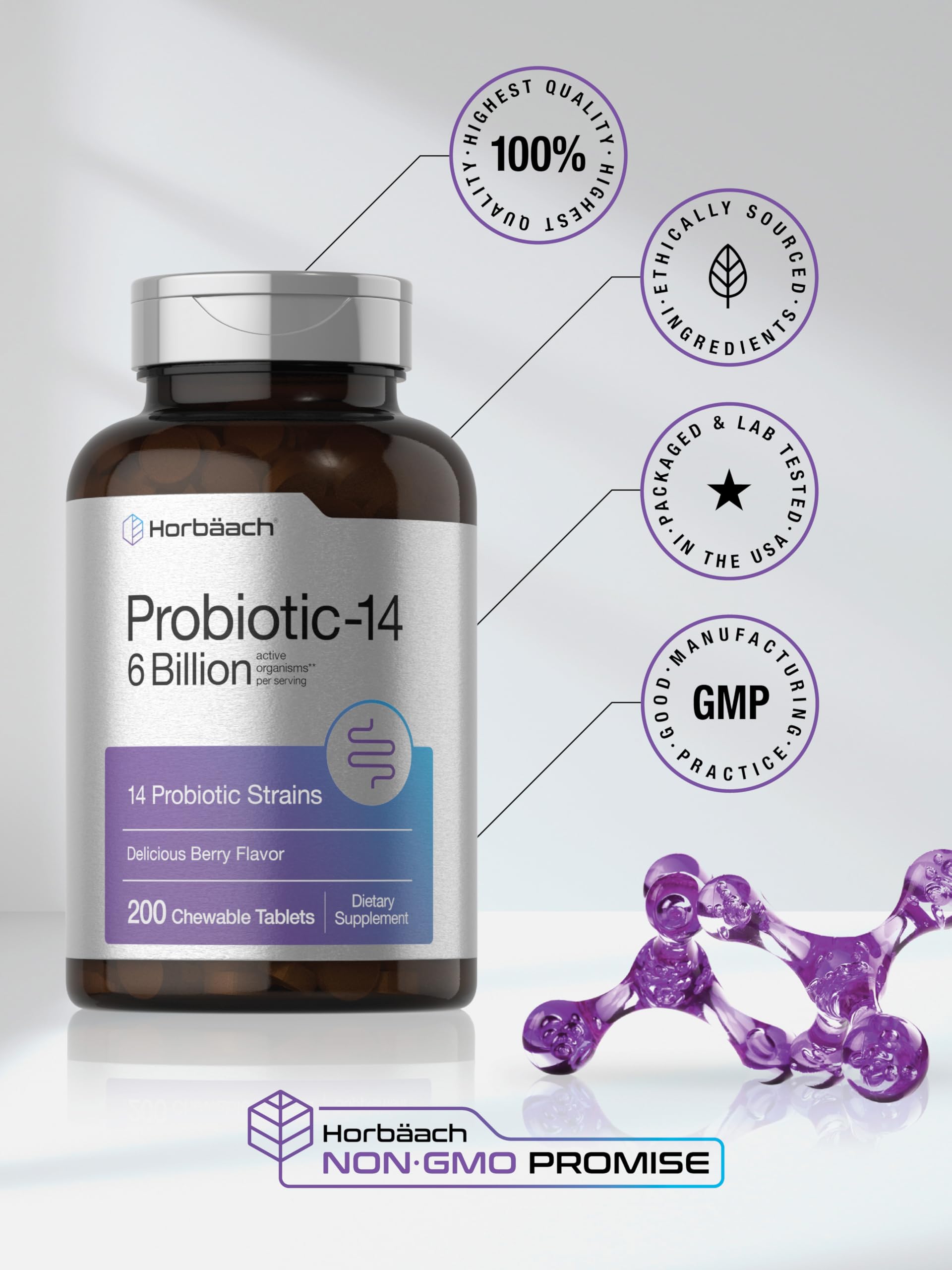 Horbäach Probiotics 6 Billion CFUs | 200 Chewable Tablets | Berry Flavor | 14 Probiotic Strains | Vegetarian, Non-GMO & Gluten Free Supplement for Men & Women