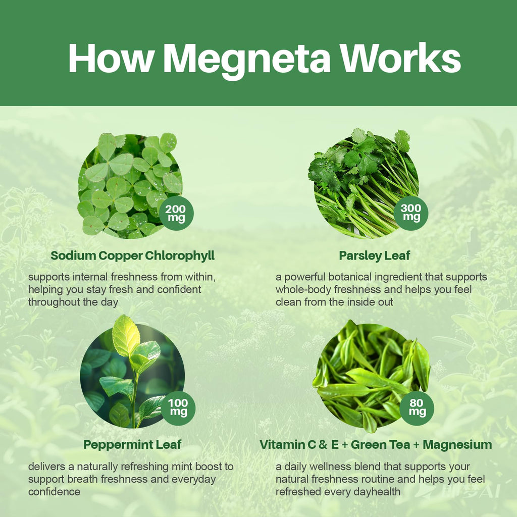 MEGNETA Body Deodorizing Supplement, Natural Internal Odor Control Pills for Men & Women, Chlorophyll Capsules for Skin, Breath and Gut Health (60 Capsules)