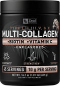 Zeal Naturals Multi Collagen Protein Peptides Powder Types I II III V X - Vitamin C, Biotin & Hyaluronic Acid - Hair, Skin & Nails - Marine, Bovine,