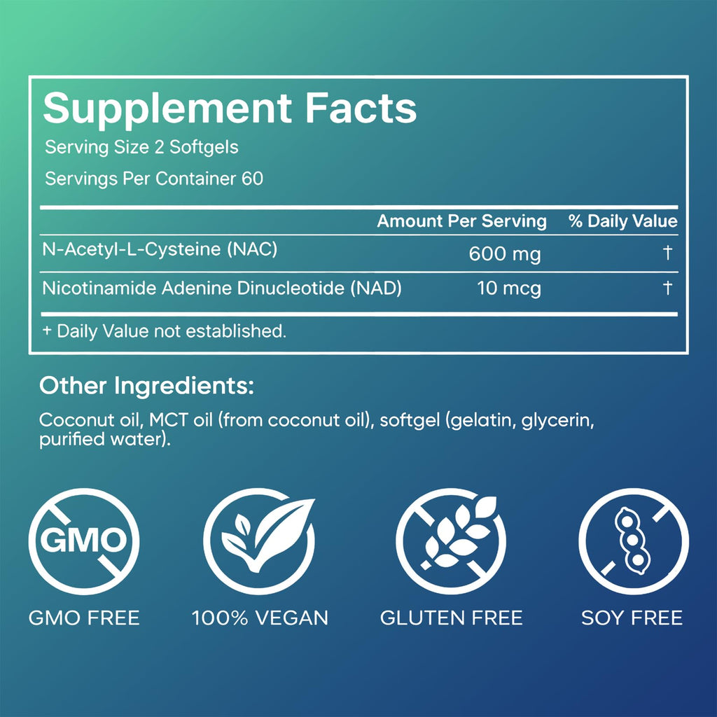 AMOQUCT Standard Lab NAC 600mg & NAD+ Daily Complex Capsules, NAC Supplement with NAD for Antioxidant, Cellular Energy and Immune Support, Daily Wellness Formula