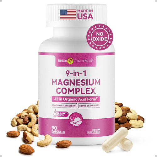 Supplement bottle labeled '9-in-1 Magnesium Complex' with nuts and capsules on a white background