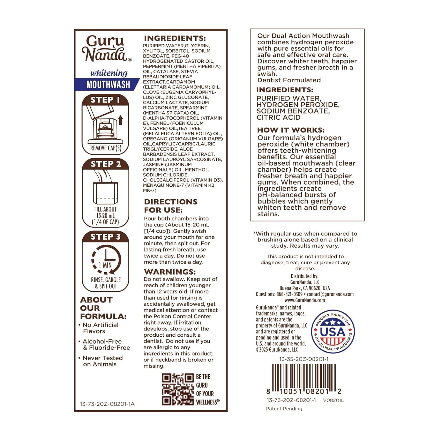 GuruNanda Teeth Whitening Dual Barrel Oxyburst Mouthwash - Alcohol & Fluoride Free, Hydrogen Peroxide to Promote Whiter Teeth - Wild Mint - 20 Fl Oz