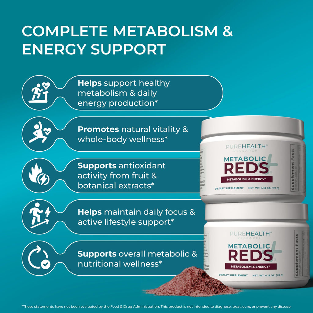 PUREHEALTH RESEARCH Metabolic Reds - Organic Superfood Powder Supplement - Fruit, Veggie, Adaptogenic, Probiotic Blends & More - for Metabolism & Energy Support