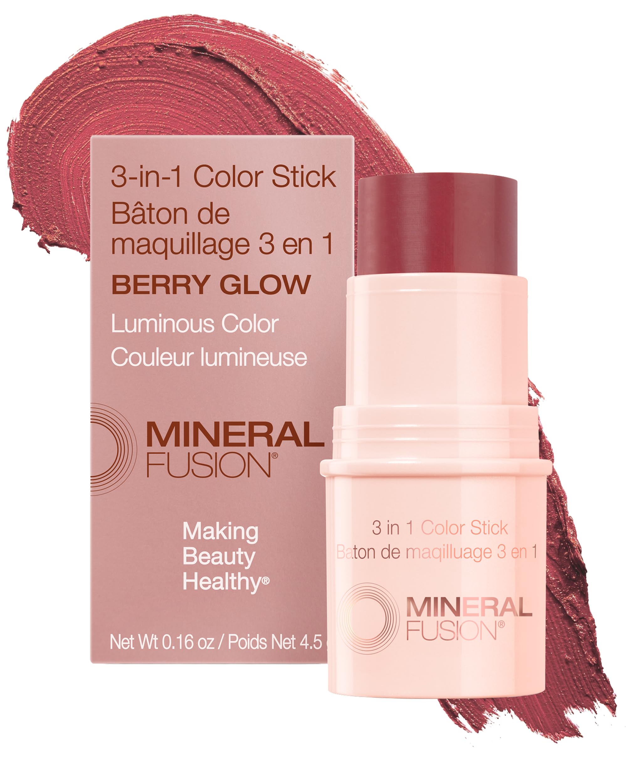 Mineral Fusion 3-in-1 Color Stick - Hydrating Tinted Cream Blush for Cheeks, Lip and Eye - Natural Multi Use Makeup (Berry Glow)