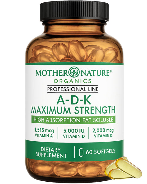 ADK Vitamin Supplement - 5000 IU Vitamin D3 + A & K2 MK-7 - High Absorption for Bone, Heart & Immune Support - Non-GMO (60 Softgels) Mother Nature Organics Superfoods for Organic LivingBuy Supplements Australia