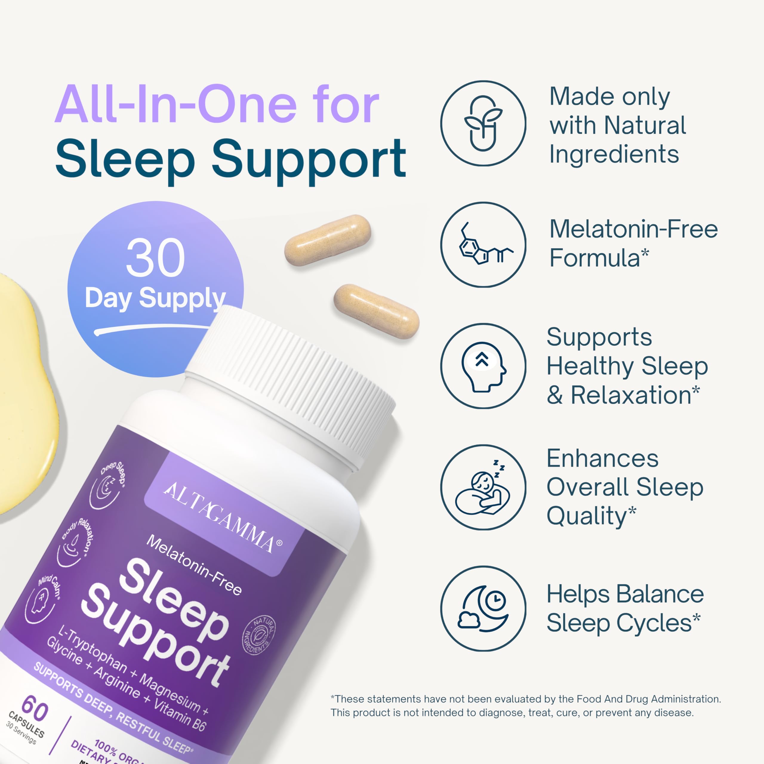 ALTAGAMMA Sleep Support Supplement - Better Sleep Support, Deep Rest & Super Calm - Natural Deep Sleep Supplements for Adults with Vitamins, L Tyrosine, L Tryptophan, Magnesium & Zinc, 60 Capsules ALTAGAMMA buy supplements Au