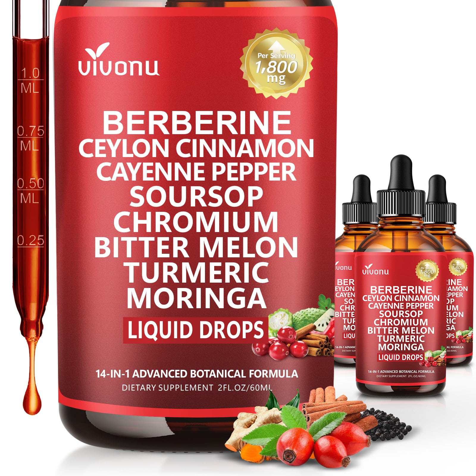 14-in-1 with Ceylon Cinnamon Supplement Liquid Drops, 1800mg + 30:1 Liposomal Tech with Cayenne Pepper, Soursop, Chromium, Bitter Melon,