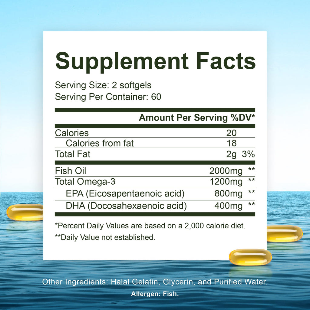 Noor Vitamins Halal Fish Oil, Halal Vitamins, Ultra Omega 3 Wild Peruvian Fish (800 mg EPA & 400 mg DHA) Heart