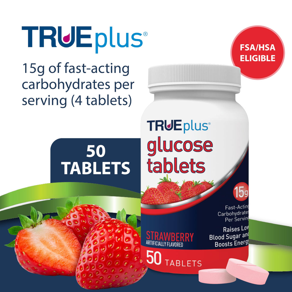 TRUEplus Glucose Tablets, Chewable, Strawberry Flavor, 15g Fast-Acting Carbohydrates, Fat Free, Gluten Free, Boost Energy, 50 Count (Pack of 2)