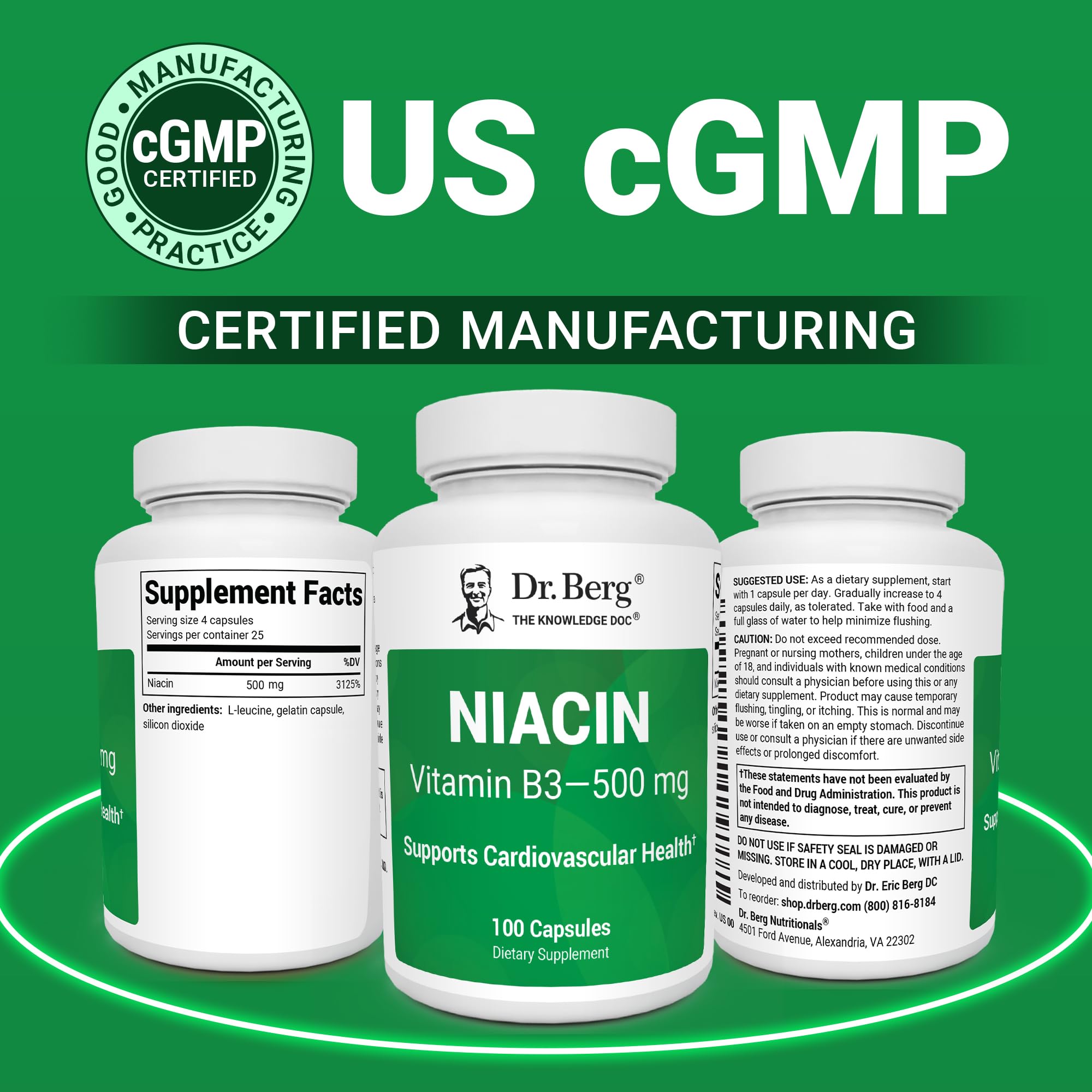 Dr. Berg Highly-Potent Niacin 500 mg – Now Only 125 mg per Capsule for Niacin Flush Tolerance Building – Gradually Increase to 500mg a Day – Vitamin B3 for Heart