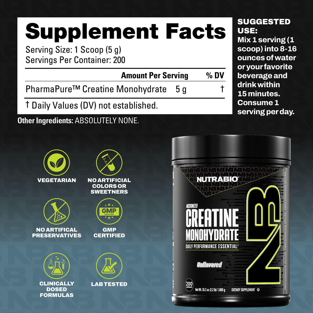 NutraBio Pure Micronized Creatine Monohydrate Powder Supplement, Unflavored, (1000 g) - Supports Bulk Muscle Energy, Recovery, and Strength - HPLC Tested Creatine Powder
