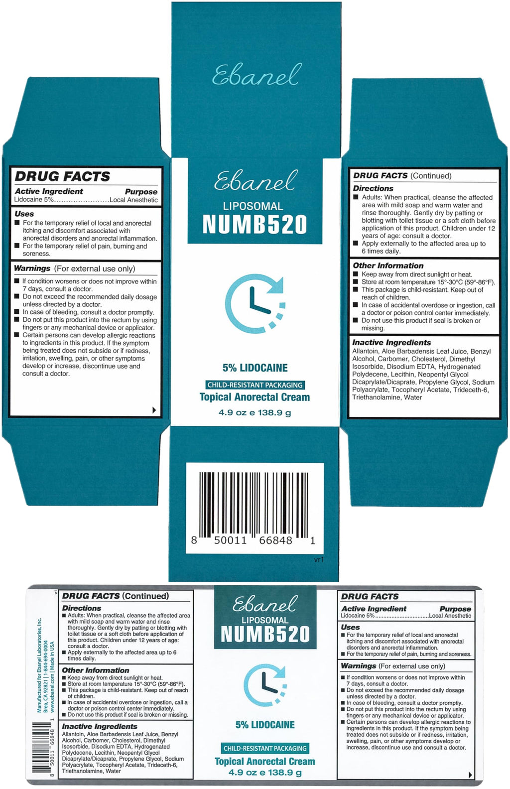 Ebanel 5% Lidocaine Numbing Cream, Pain Relief Burn Itch Cream, Maximum Strength Topical Anesthetic with Allantoin, Vitamin E for Local and Anorectal Uses, Hemorrhoid Treatment, 4.9 Oz