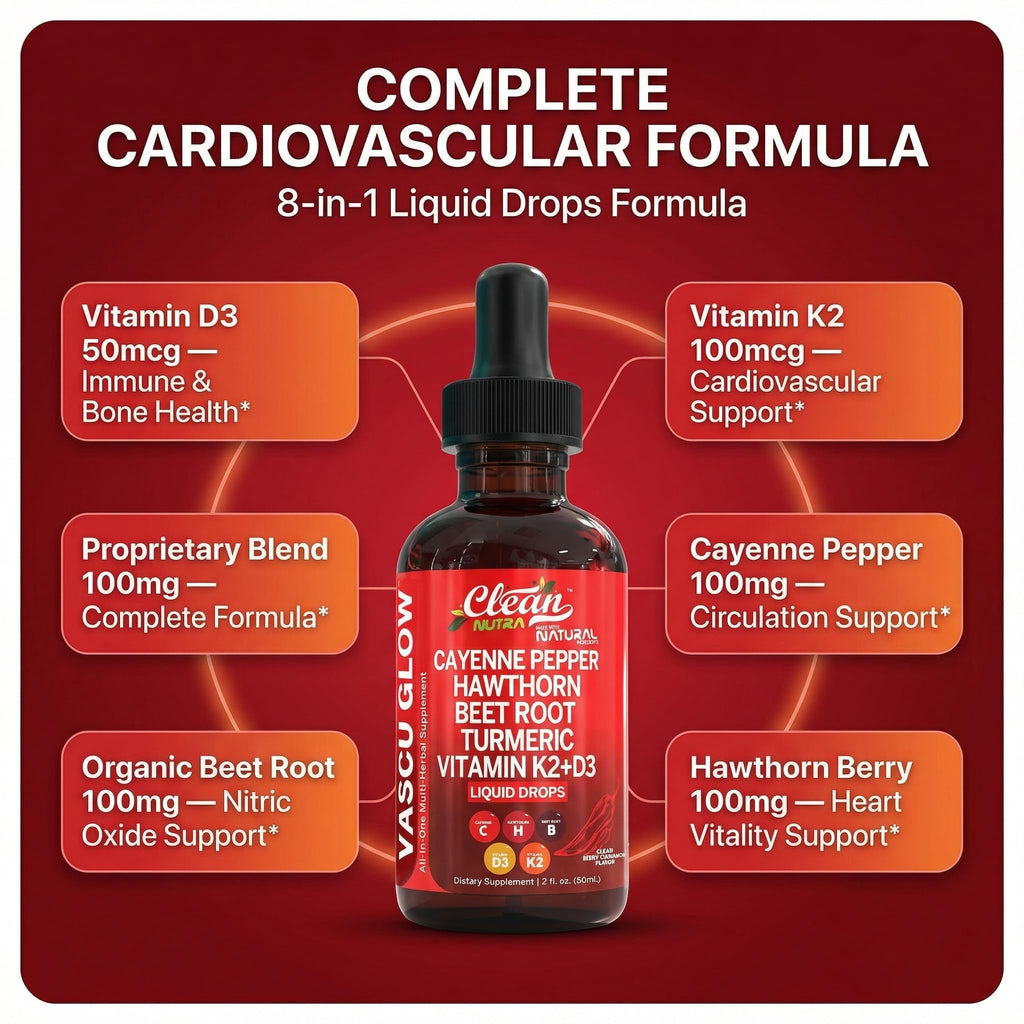Clean Nutra Cayenne Pepper Drops Supplement Liquid + Hawthorn Berry, Vitamin D3 K2 Beet Root Powder, Ceylon Cinnamon, Turmeric Curcumin, Organic Panax Ginseng, Berberine Extract 1 Pack Clean Nutraceuticals buy supplements Au