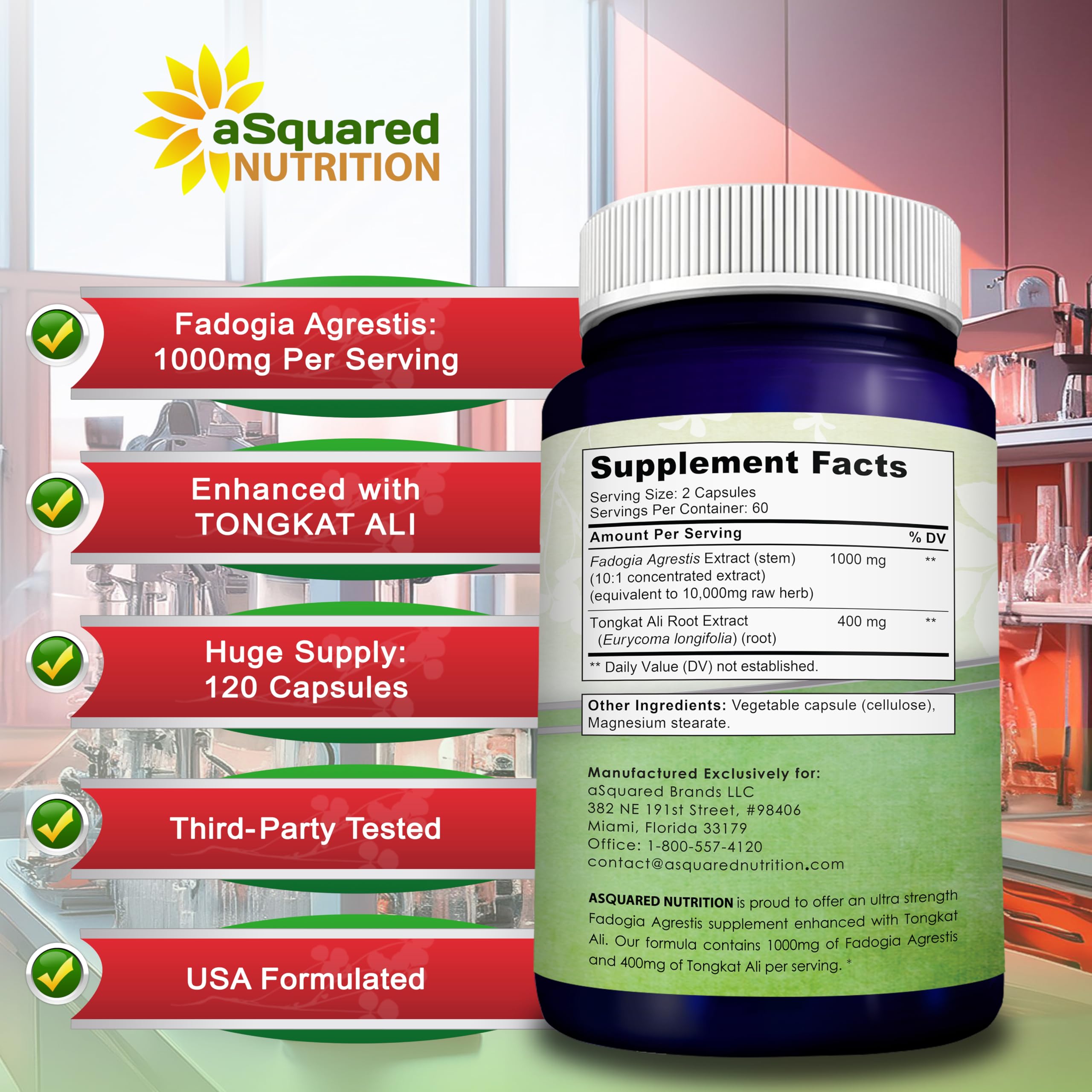 aSquared Nutrition Fadogia Agrestis 1000mg & Ali 400mg - 120 Capsules - Fadogia Agrestis Extract Supplement and Powder Complex Pills